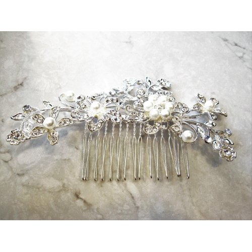 Generic Crystals, pearls and flowers silver hair comb barrette clip bridal clip A1