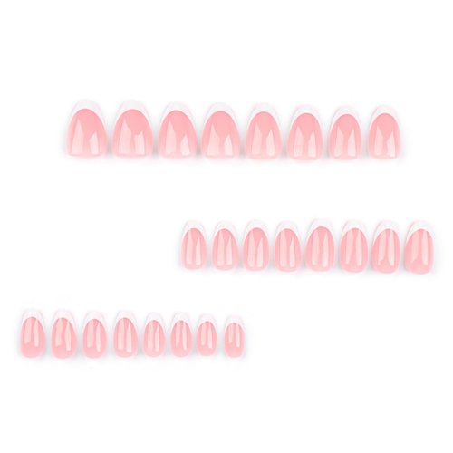 OCOUYVD Pink Almond Shaped Press on Nails Short French Tips Fake Nails Glue on Nails Pink White Glossy Reusable Full Cover Acrylic Nails Almond Stick on Nails for Women Nails Art Decorations