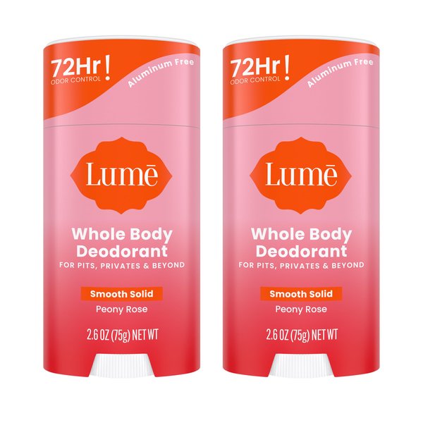 Lume Whole Body Deodorant - Smooth Solid Stick - 72 Hour Odor Control - Aluminum Free, Baking Soda Free and Skin Safe - 2.6 Ounce (Pack of 2) (Peony Rose)