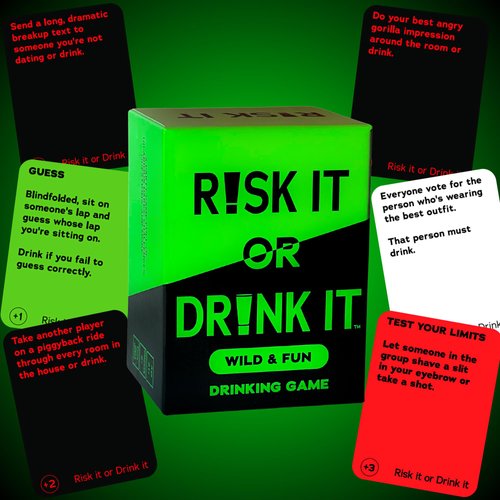 RISK IT OR DRINK IT - Fun Drinking Game for Pregame, Game Night, College - 150 Hilarious Dares, Funny Challenges & Questions - Party Game Gift, Cards for Parties