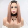 Xiweiya Short Wigs Rose Gold Straight Cut Bob Lace Front Wigs with Dark Root Middle Part Short Pink Bob Short Soft Wig Heat Resistant Fiber Hair Replacement Wig Women Drag Queen Makeup 12 inch