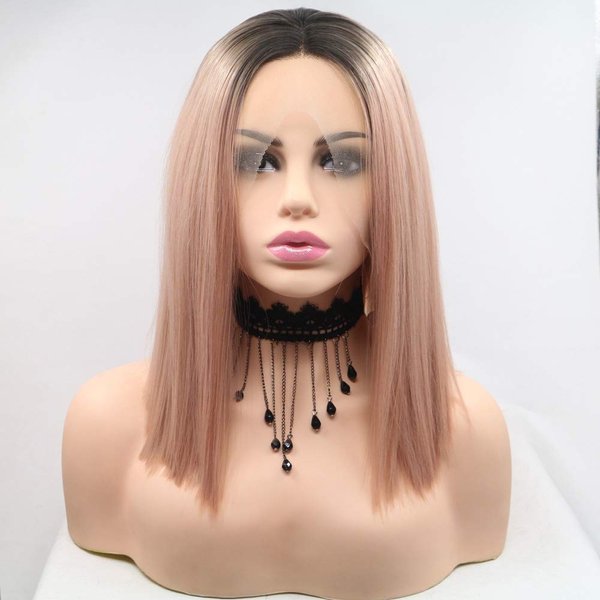 Xiweiya Short Wigs Rose Gold Straight Cut Bob Lace Front Wigs with Dark Root Middle Part Short Pink Bob Short Soft Wig Heat Resistant Fiber Hair Replacement Wig Women Drag Queen Makeup 12 inch