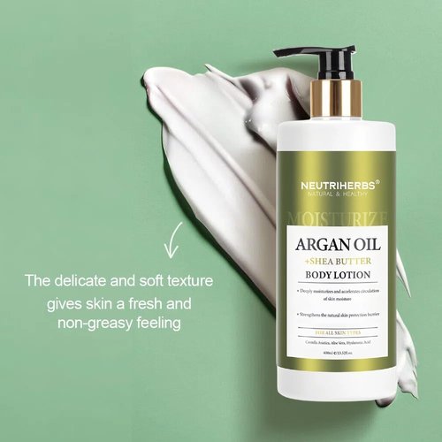 Neutriherbs Body Lotion for Women and Men, Argan Oil + Shea Butter Body Cream, Deep Moisture and Soothin Skin, Plump Bottle - 13.52 Fl Oz