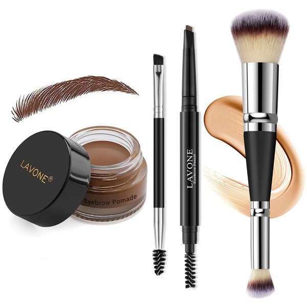 LAVONE Eyebrow Pencil Makeup Kit for Eyebrow Makeup, Make up Brow Kit with Waterproof Eyebrow Pencil, Eyebrow Pomade, Foundation & Concealer Brush and Dual-ended Eyebrow Brush - Soft Brown