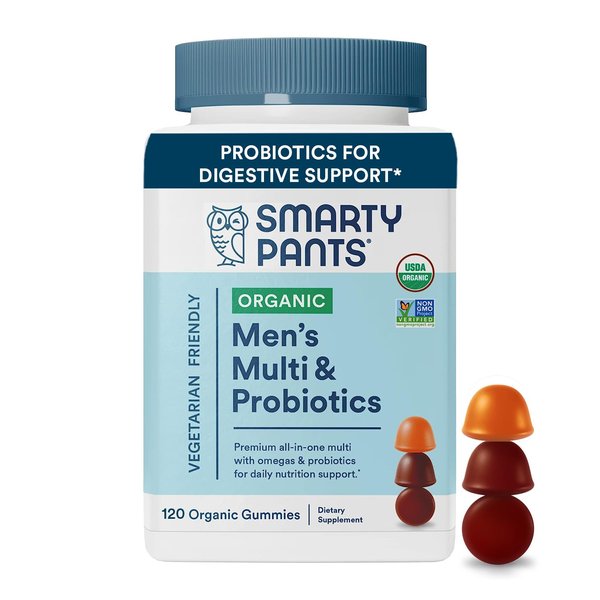 SmartyPants Multivitamin for Men, Organic Gummies: Probiotics, CoQ10, Methylfolate, Omega 3 (ALA), Vitamin D3, C, Vitamin B12, B6, Vitamin A, K & Zinc for Immune Support, 120 Gummies (30 Day Supply)
