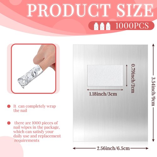 1000 Pcs Nail Polish Remover Gel Nail Polish Remover Foil Nail Wraps with Pre Attached Lint Pad for Removing Nail Polish, Silver