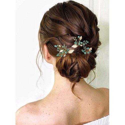 Latious Emerald Bride Wedding Leaf Hair Pins Gold Green Crystal Bridal Hair Pieces Rhinestones Prom Hair Accessories for Women and Girls (Pack of 3) (Gold)