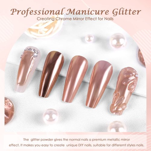 Laza Chrome Nail Powder Mirror Effect Metallic Dust Holographic Glitter Glazed Manicure Decoration Reflective Pigment for DIY Gel Polish Nail Art, Resin Craft, Gifts - Rose Gold