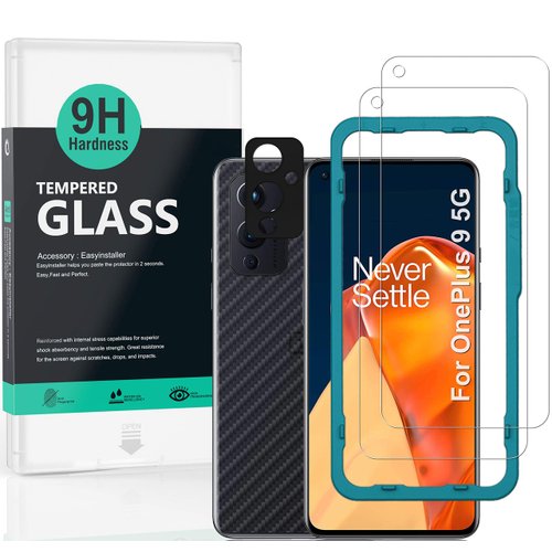 Ibywind Screen Protector For OnePlus 9 5G,with 2Pcs Tempered Glass,1Pc Camera Lens Protector,1Pc Backing Carbon Fiber Film [Fingerprint Reader,Easy to install]