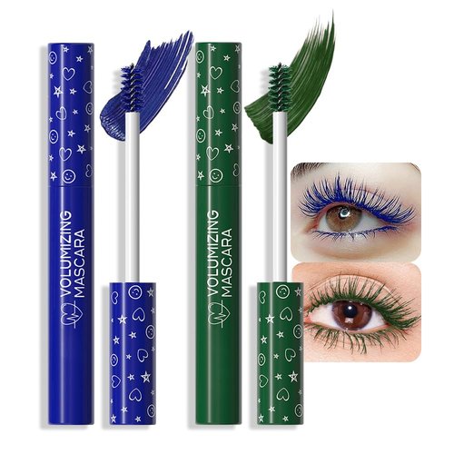 Colored Mascara for Eyelashes Set,Colorful Waterproof Mascara for eyelashes Long lasting Charming Voluminous Mascara for Women Halloween Eye Makeup (2Pcs 01#Blue&06#Green, F)
