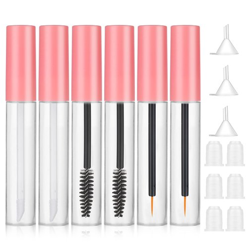 Giantree 6 Pack 10ml Empty Mascara Tube with Brush Wand, Clear Mascara Tube, Refillable Eyelash Cream Container DIY Cosmetics Bottle, Empty Eyeliner Tube and Empty Lip Gloss Tubes with Funnel(Pink)