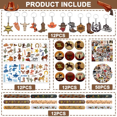 108 Pcs Western Cowboy Party Favors Include 12 Pcs Western Slap Bracelets 12 Cowboy Keychain 12 Temporary Tattoos 12 Button Pins 60 Pcs Western Stickers for Western Cowboy Birthday Party Supplies