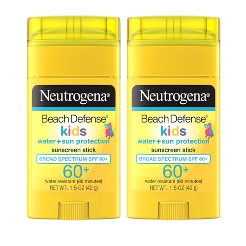 Neutrogena Beach Defense Kids Sunscreen Stick, Water-Resistant Sunscreen for Children, Broad Spectrum SPF 60+ for UVA/UVB Sun Protection, Oxybenzone-Free Sunscreen, Twin Pack, 2 x 1.5 oz