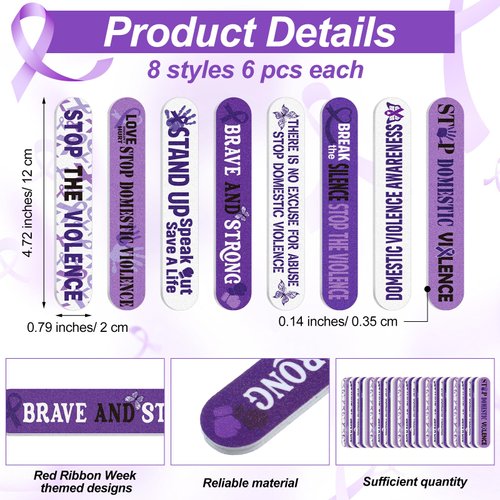 Gisafai 48 Pcs Domestic Violence Awareness Nail File Purple Ribbon Emery Board Domestic Violence Gift Bulk Mini Double Sided Manicure Tools for Natural Acrylic Nails Charity Public Social Event