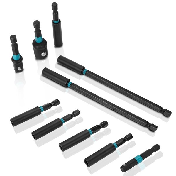 V2ine 10 Pcs Impact Driver Bit Adapter Set,5 PCS Strong Magnetic Screwdriver Bit Holder 2.4 Inch Extension + 6Inch Magnetic Screwdriver Bit Holder Extension + 3Pcs Socket Adapter Set With Tough Case