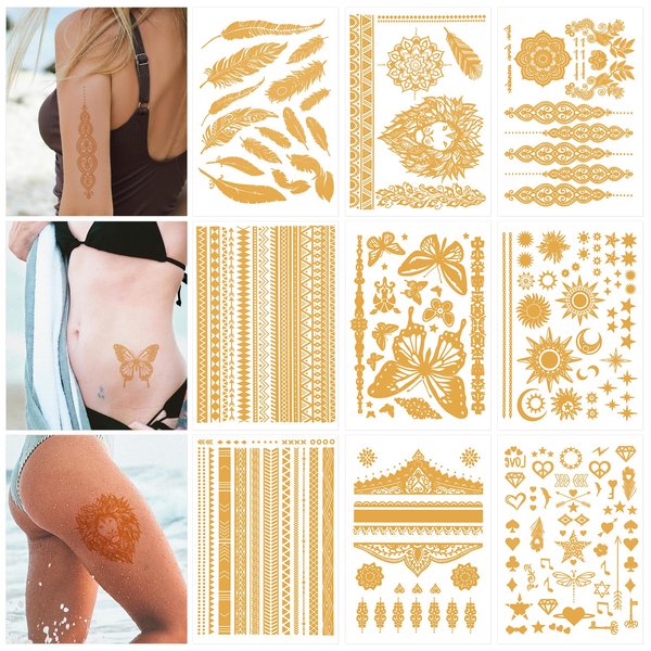9 Sheets Gold Temporary Tattoos, 110+ Styles Metallic Tattoos Temporary Flash Face Tattoos Star Butterfly Waterproof Festival Tattoos Stickers for Women Girls Eyes Face Body Art Makeup