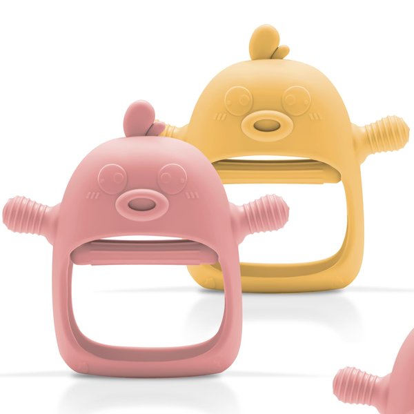 ALTANIM Baby Teething Toys, Never Drop Silicone Chew Toys, Mittens for Babies Over 3 Months, Pacifiers for Breast Feeding, BPA Free, Duckling Teether 2 Packs (Light Pink+Mango)