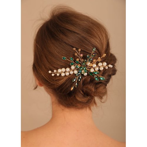 Denifery Emerald Hair Comb Emerald Headpiece Gold Emerald Hair Piece Green Hair Comb Emerald Hair Accessories for Women and Girls (Style 4)