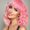 Retoleca Pink Curly Wavy Bob Wig with Bangs Short Bob Wigs for Women Shoulder Length Glueless Synthetic Wigs(14inch,Pink)