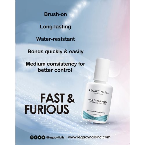 Legacy Nails Nail Glue & Resin 0.5oz Brush-on; Water-Resistant Adhesive; Bonding Quickly and Easily Nails Tips, Repairs, Crystals, and Decoration; Great Strength and Durability.