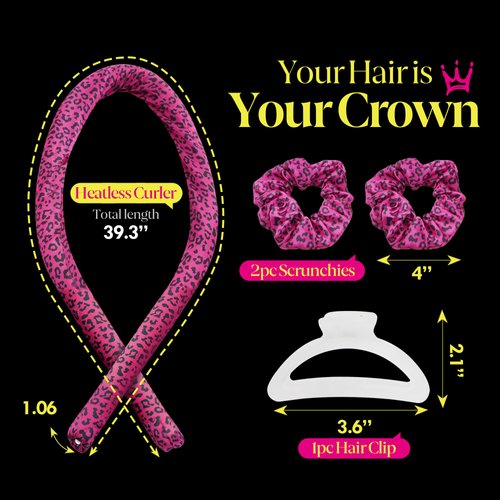 The Queen Curl Satin Headband for Heatless Overnight Curls & Frizz-Free Waves on All Hair Types | Sleep-In Hair Curlers with Hair Clip & Scrunchies (Pink Leopard)
