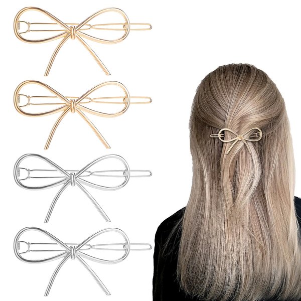 4Pcs Metal Bow Hairpins, Hair Clips for Women Girls,Gold and Silver Bowknot Barrettes Simple Bow Hair Barrettes, Bow Hair Clips and Hair Pin