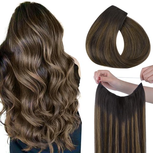HOTBANANA Wire Hair Extensions, 16 inch 95g Dark Brown to Chestnut Brown Fish Line Hair Extensions Real Human Hair Straight Invisible Wire Hair Extensions Remy Hair Extensions