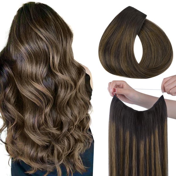 HOTBANANA Wire Hair Extensions, 16 inch 95g Dark Brown to Chestnut Brown Fish Line Hair Extensions Real Human Hair Straight Invisible Wire Hair Extensions Remy Hair Extensions