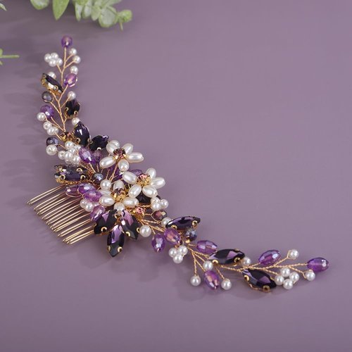 Teyglen Bride Crystal Wedding Hair Comb Flower Pearl Hair Piece Bridal Crystal Hair Comb Headband Purple Rhinestone Headpiece Floral Hair Accessories for Women (Purple)