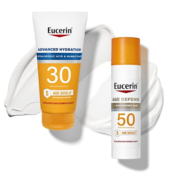 Eucerin Sun Advanced Hydration SPF 30 Sunscreen Lotion + Age Defense SPF 50 Face Lotion Multipack (5 oz. body lotion + 2.5 oz face lotion)
