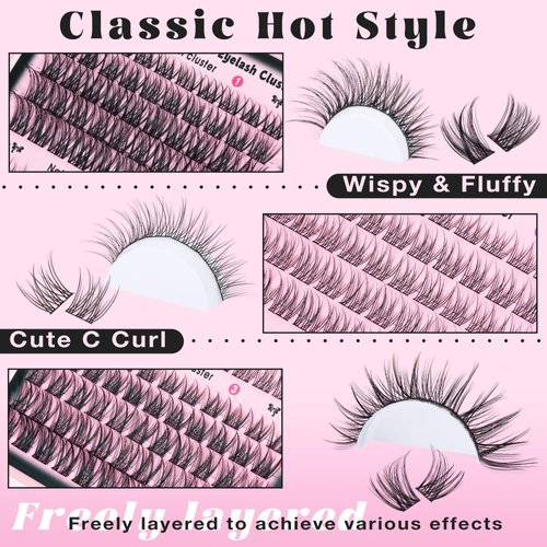 Goddvenus Lash Clusters Kit Wispy Individual Lashes Extension Kit Natural DIY Cluster Eyelash Extensions Kit C Curl Fluffy Waterproof Eyelashes Clusters (165pcs 10-18mm)