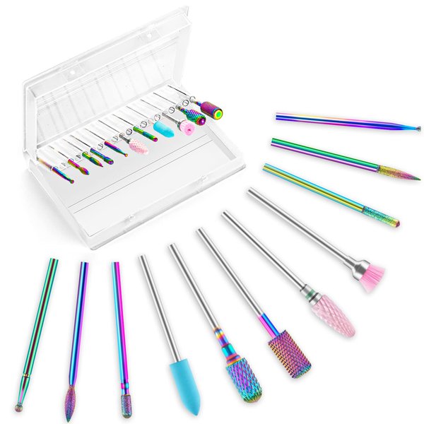 Nail Drill Bits, HEYMKGO 3/32 Inch Nail Bit Set for Acrylic Nails, 11Pcs Tungsten Carbide Diamond Cuticle Nail Gel Polish Remover Tool for Nail Drill Efile, Professional Drill Bits Nail Salon Home DIY
