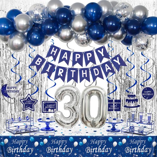 30th Birthday Decorations for Him, Blue and Silver 30th Birthday Party Decorations for Men, Happy Birthday Banner 30th Birthday Balloons Tablecloth Fringe Curtains Hanging Swirls Bday Party Supplies