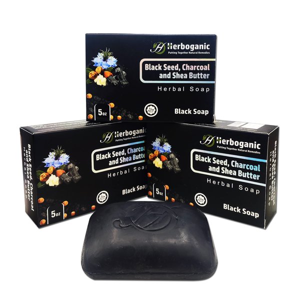 HERBOGANIC Black Seed, Charcoal and Shea Butter Herbal Soap | Natural Bar Soap for Face and Body | Purifying and Nourishing | Infused with Black Seed, Charcoal and Shea Butter | 5 Oz - (Pack of 3)
