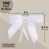 Juvale 100-Pack Twist Tie Bows for Crafts, Pre-Tied Satin Ribbon for Gift Wrap Bags, Party Favors, Baked Goods, Cookies, Mini Bowties for Hair Decorations (2.5x3 in, White)