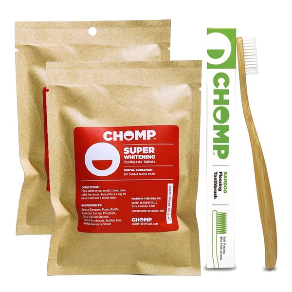 Chomp Toothpaste Tablets Refill Cinnamon (2) Bundle with Flossing Toothbrush (1)