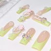 BABALAL Long Press on Nails Square Fake Nails 3D Flower Charm Design Green French Glue ons Nails Bow Heart Jeweled Acrylic Nails 24Pcs Squoval Handmade Manicure Full Cover False Nails
