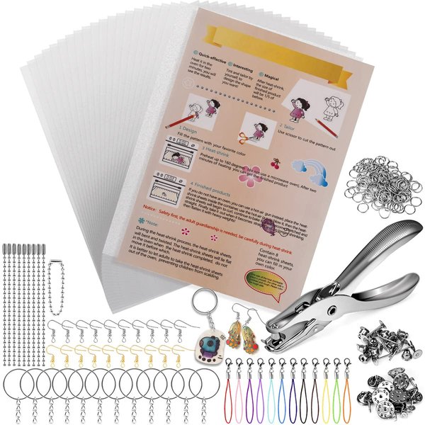 Waifairphy Shrink Plastic Sheet Kit for shrinky dinks,195PCS Shrink Art Kit Include 20 PCS Shrink Film Papers with 175 PCS Keychain Accessories for Kids Creative Craft and Keychains
