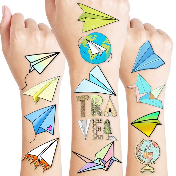 Paper Plane Temporary Tattoos Travel Airplane Party Decorations Favors Supplies Rocket Themed Cute Stickers 10 Sheets 100 PCS Gifts for Baby Girls Boys Class School Carnival