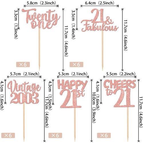 30PCS Happy 21st Birthday Cupcake Toppers Glitter Twenty One 21 Fabulous Vintage 2003 Cupcake Picks Cheers to 21 Years for 21st Birthday Anniversary Party Cake Decorations Supplies Rose Gold