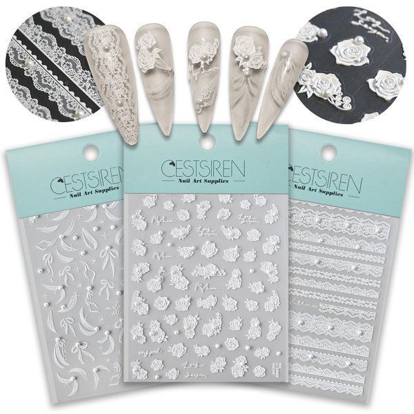 CESTSIREN 3 Sheets White Nail Art Stickers 5D Embossed Flower Lace Ribbon Nail Decals for Nail Art Design Pearl Nail Accessories for Women Nail Art Supplies