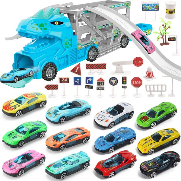 KAEGREEL Dinosaur Trucks Toys for Kids 3 4 5 6 7 Year Old 33Pcs Dinosaur T Rex Transport Car Carrier Truck Vehicle Playset with 12 Catapult Cars & Road Signs Dino Toys Gifts for Boys Xmas Birthdays
