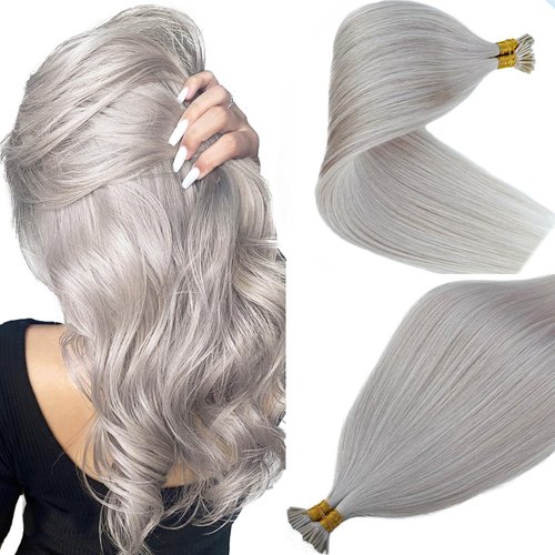 Remy I Tip Hair Extensions 20 Inch Silver Keratin Pre Bonded I Tip Human Hair Natural 50 Strands Invisible Micro Bead Hair 50Grams Real Human Hair Cold Fusion Silver I Tip Hair Extensions for Women