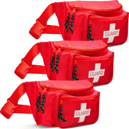 NOVAMEDIC Pack of 3 First Aid Empty Fanny Pack, 8"x2"x6", Waist Bag with 3 Zippered Compartments & Adjustable Strap for Lifeguard, Hiking, Travel Men & Women, Durable, Red