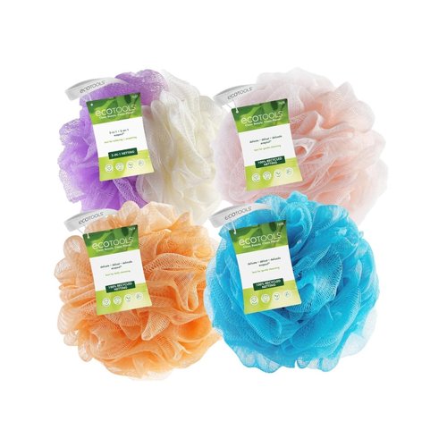 EcoTools EcoPouf Bath Sponge, Assorted Delicate and Exfoliating Loofah for Shower and Bath, Assorted Colors, 4 Count