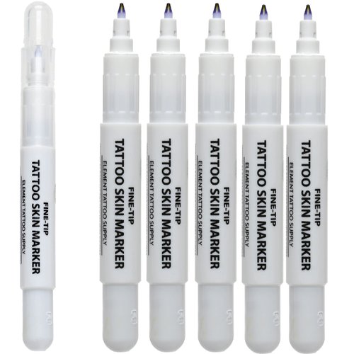 ELEMENT TATTOO SUPPLY - Fine Tip Purple Skin Body Marker Pens for Tattoo Stencil - Thin Line Precision - Disposable for Stencil - Dot Markings -Body Piercing - Microblading 5 Markers