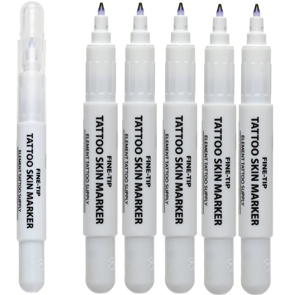 ELEMENT TATTOO SUPPLY - Fine Tip Purple Skin Body Marker Pens for Tattoo Stencil - Thin Line Precision - Disposable for Stencil - Dot Markings -Body Piercing - Microblading 5 Markers