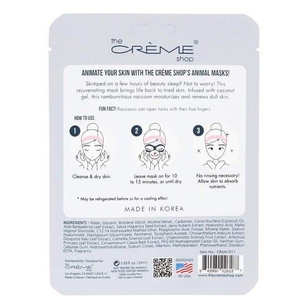 The Crème Shop Korean Skincare Beauty Full Facial Advanced Sheet Daily Natural Essence easy-to-use Soothing - Up, Skin Animal face sheet mask/Animated Korean face sheet mask (Raccoon)