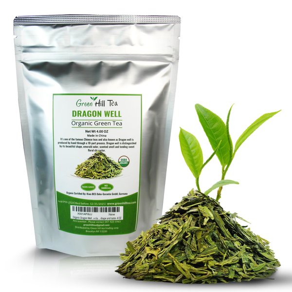Organic Dragon Well, a classic Chinese Green tea distinguished by its color, shape and taste- 4 OZ Bag
