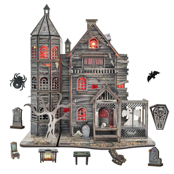 DIY Miniature House Kits for Adults - Halloween Haunted House Mini Dollhouse Kit for Friends, Home Decoration Bookends 3D Wooden Puzzle for Party,Ideal for Christmas,Family Numbers, Girls, Boys